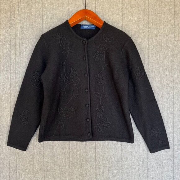 Karen Scott 100% Wool Black Embroidery Covered Button Front Cardigan Sweater - Picture 1 of 12